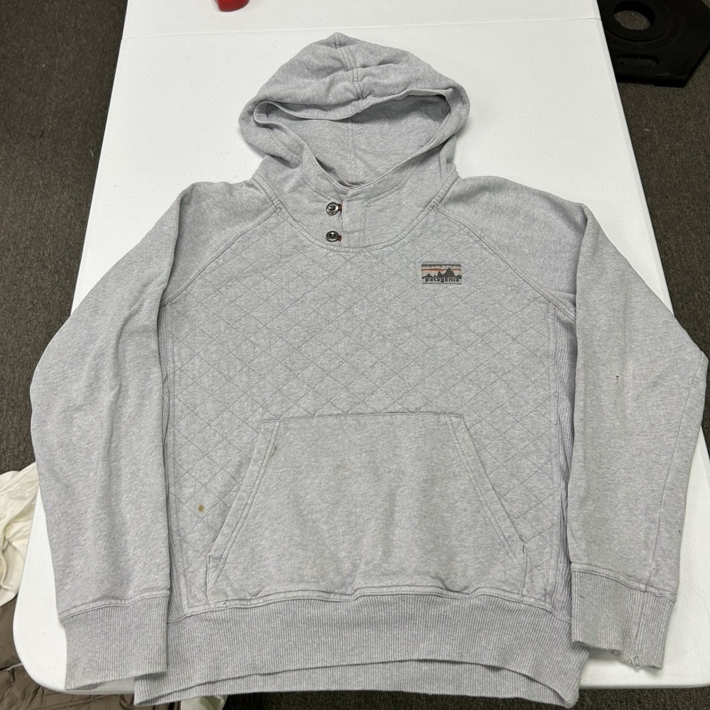 Patagonia Quilted Hoodie Mens Size M Gray Organic Cotton Snap Neck Pullover